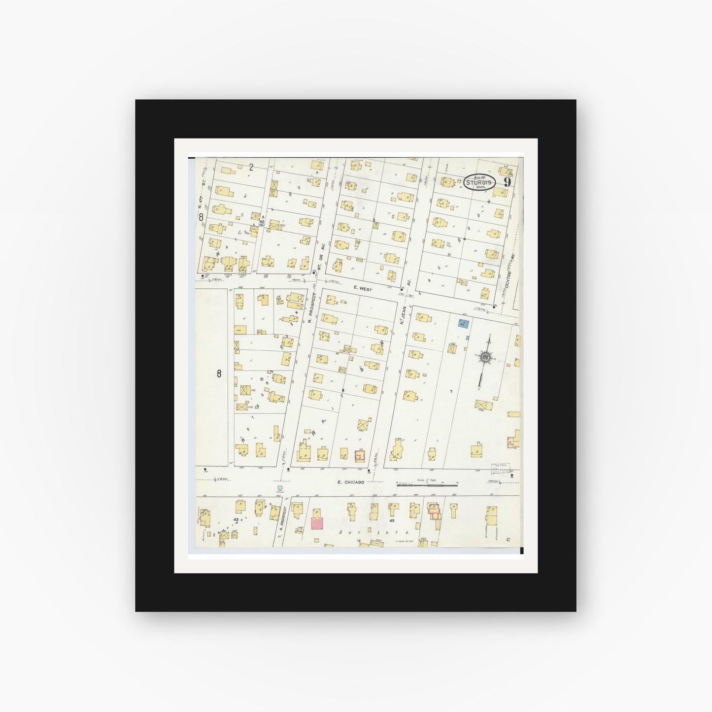 Old map wall art mockup — black gallery frame with white mat — Sanborn Fire Insurance Map from Sturgis, Saint Joseph County, Michigan (1911), Sheet #0009