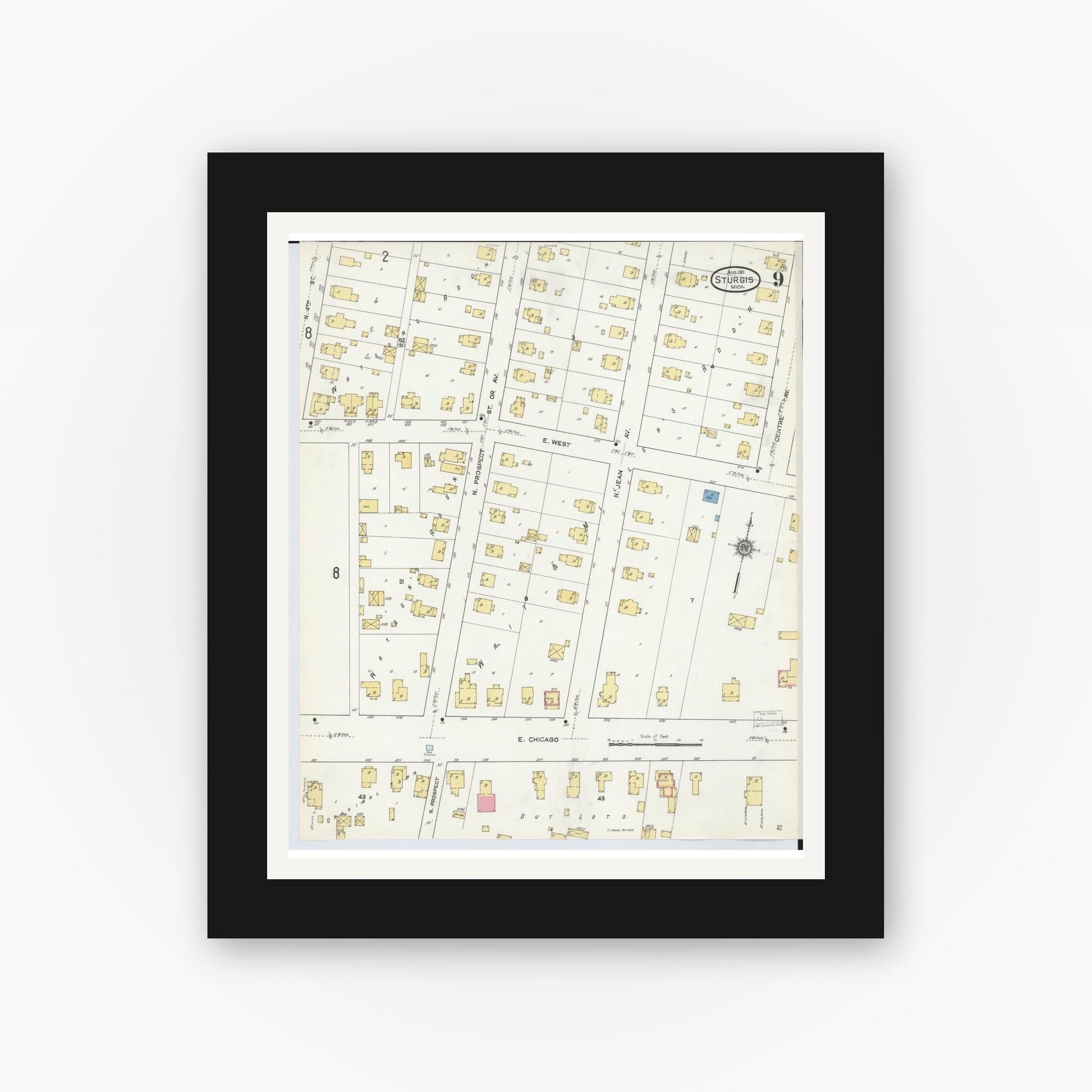 Old map wall art mockup — black gallery frame with white mat — Sanborn Fire Insurance Map from Sturgis, Saint Joseph County, Michigan (1911), Sheet #0009