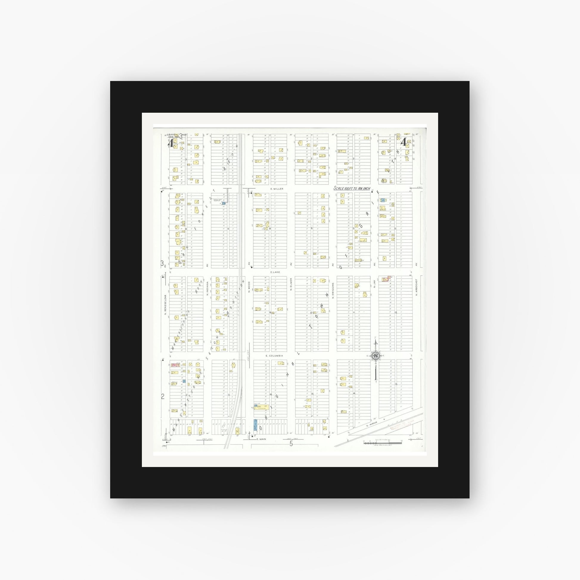 Old map wall art mockup — black gallery frame with white mat — Sanborn Fire Insurance Map from Griffith, Lake County, Indiana (1943), Sheet #0004