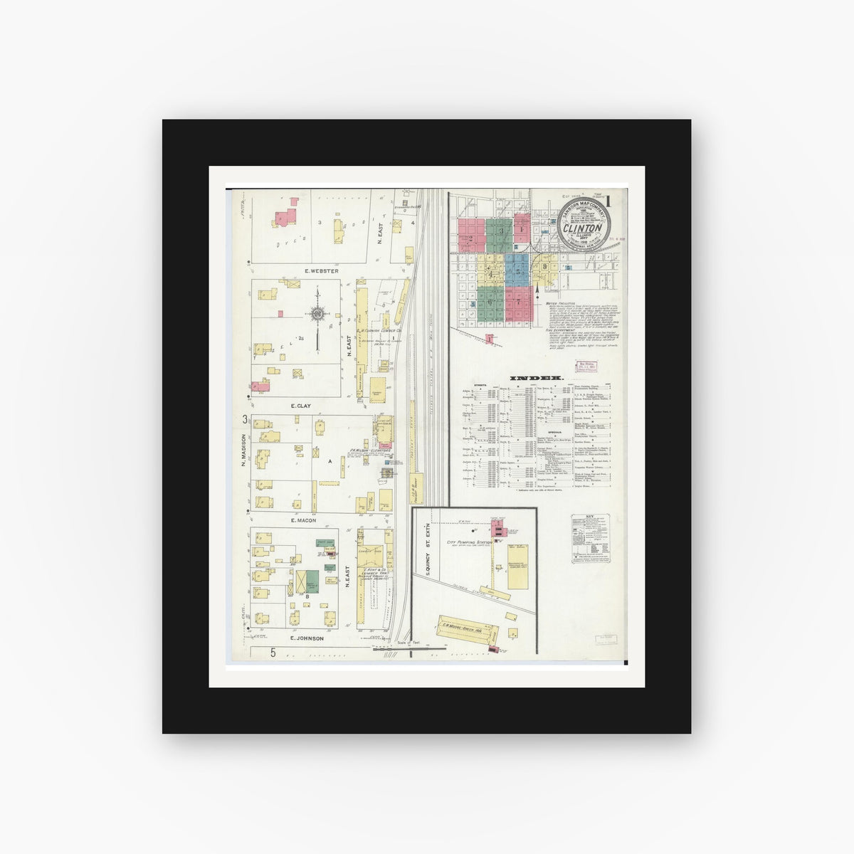 Old map wall art mockup — black gallery frame with white mat — Sanborn Fire Insurance Map from Clinton, De Witt County, Illinois (1910) - Complete Map Set