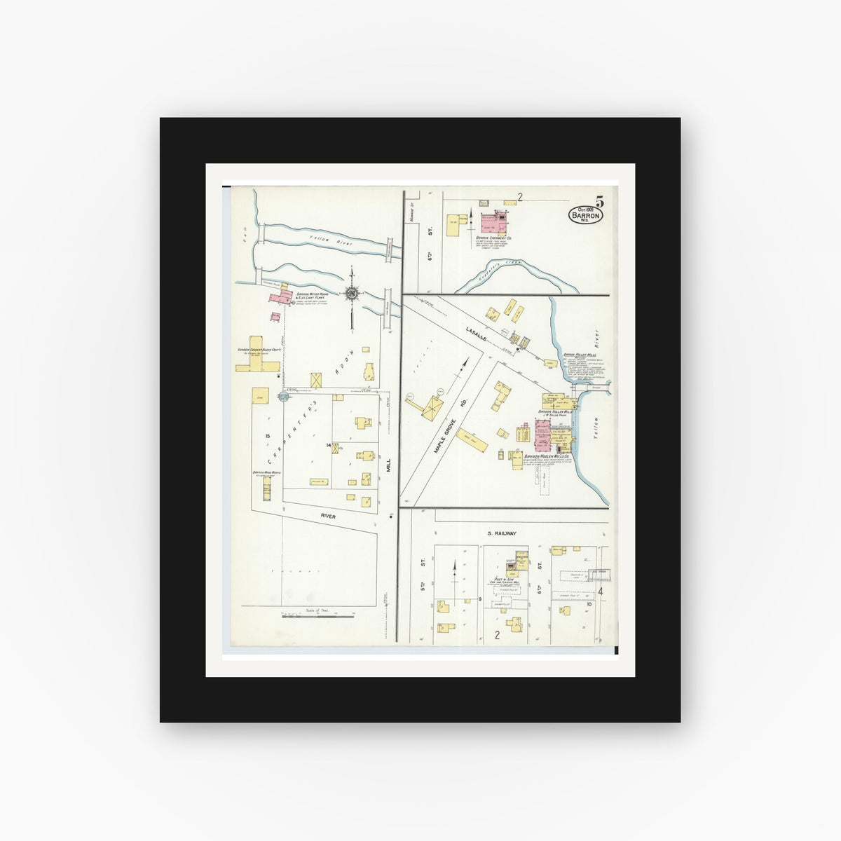 Old map wall art mockup — black gallery frame with white mat — Sanborn Fire Insurance Map from Barron, Barron County, Wisconsin (1909), Sheet #0005