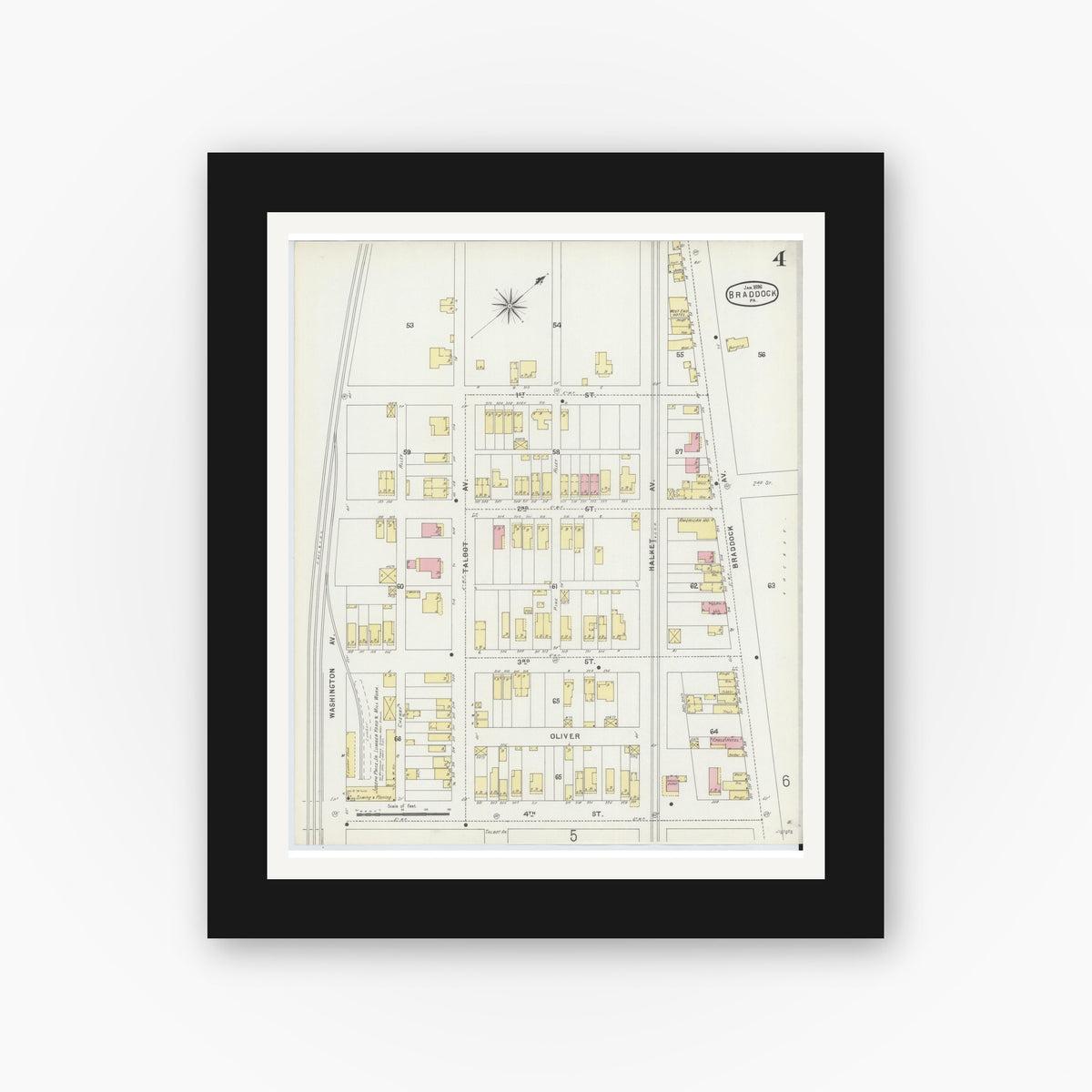 Old map wall art mockup — black gallery frame with white mat — Sanborn Fire Insurance Map from Braddock, Allegheny County, Pennsylvania (1896), Sheet #0004