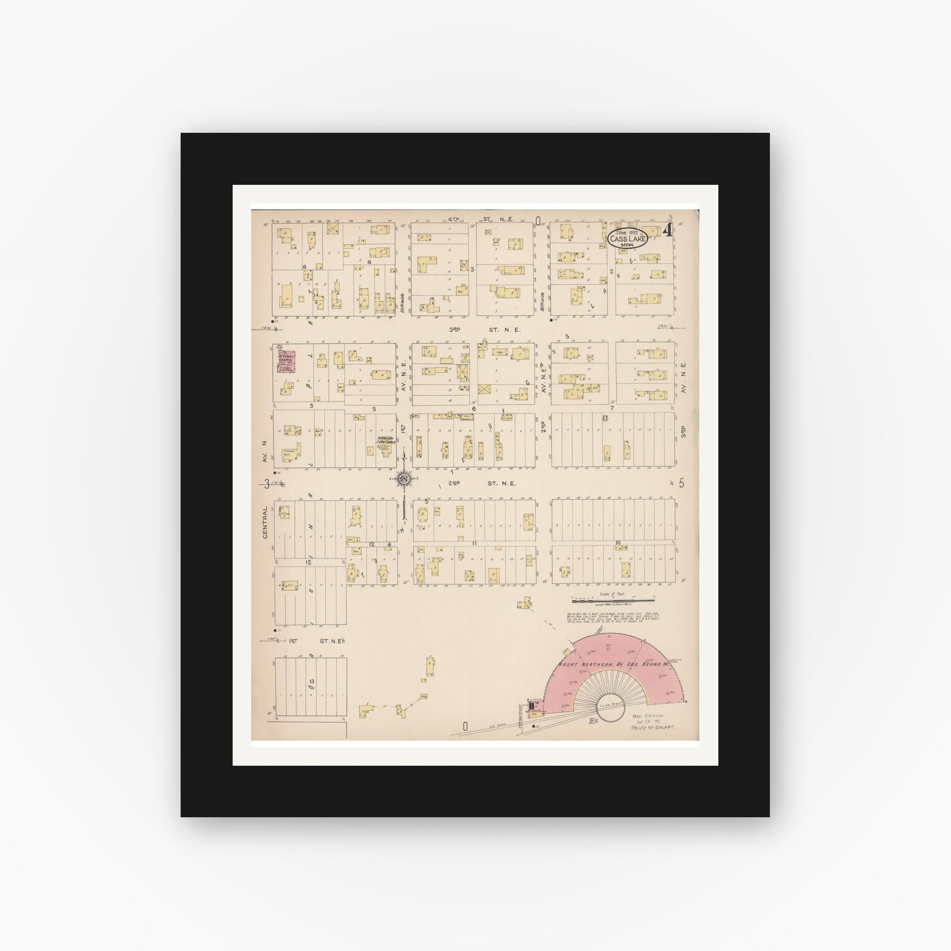 Old map wall art mockup — black gallery frame with white mat — Sanborn Fire Insurance Map from Cass Lake, Cass County, Minnesota (1922), Sheet #0004
