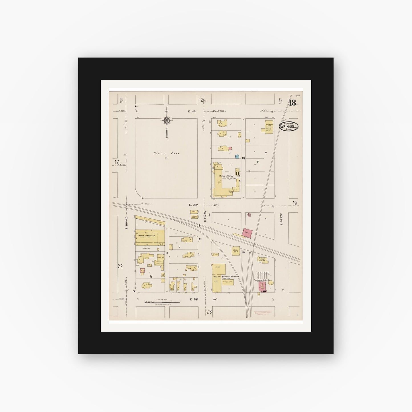 Old map wall art mockup — black gallery frame with white mat — Sanborn Fire Insurance Map from Grinnell, Poweshiek County, Iowa (1922), Sheet #0018