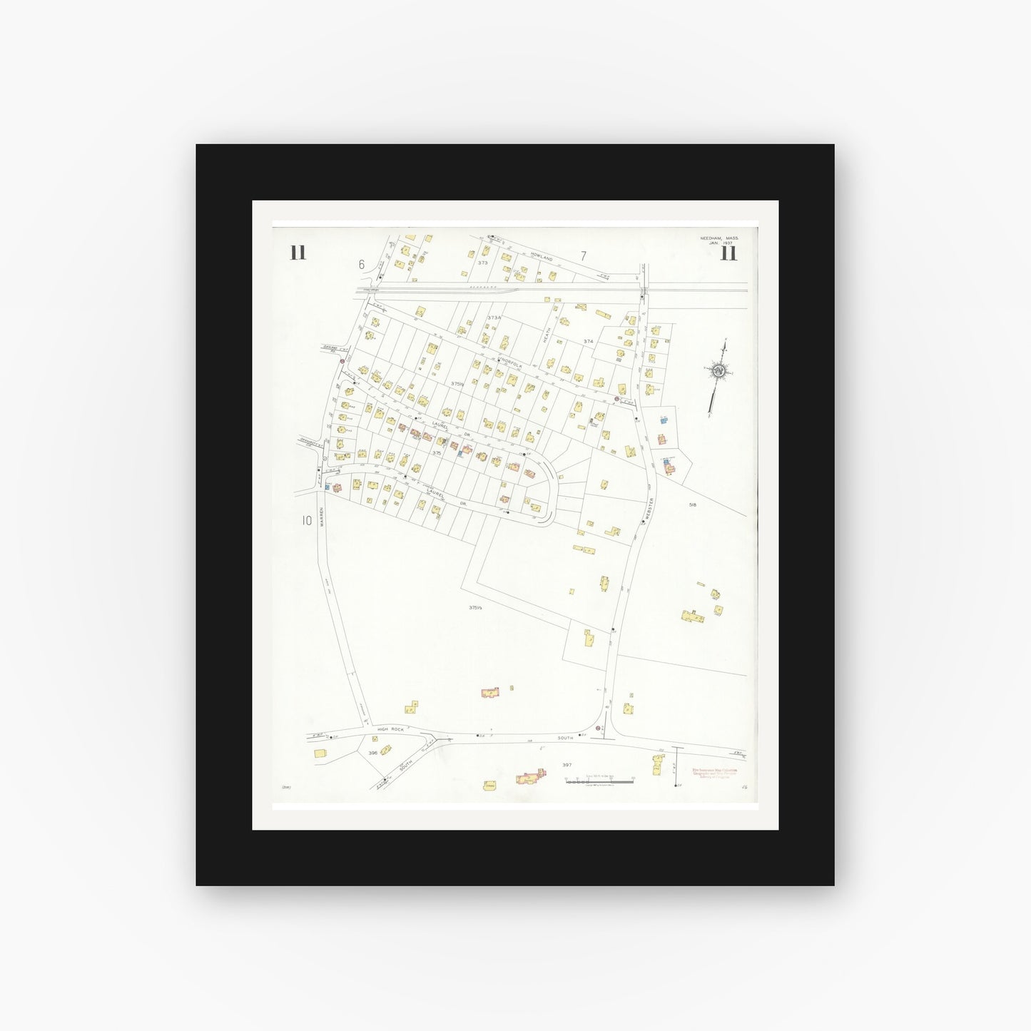 Old map wall art mockup — black gallery frame with white mat — Sanborn Fire Insurance Map from Needham, Norfolk County, Massachusetts (1937), Sheet #0011