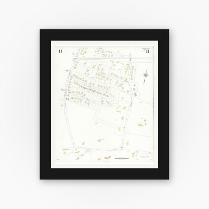 Old map wall art mockup — black gallery frame with white mat — Sanborn Fire Insurance Map from Needham, Norfolk County, Massachusetts (1937), Sheet #0011