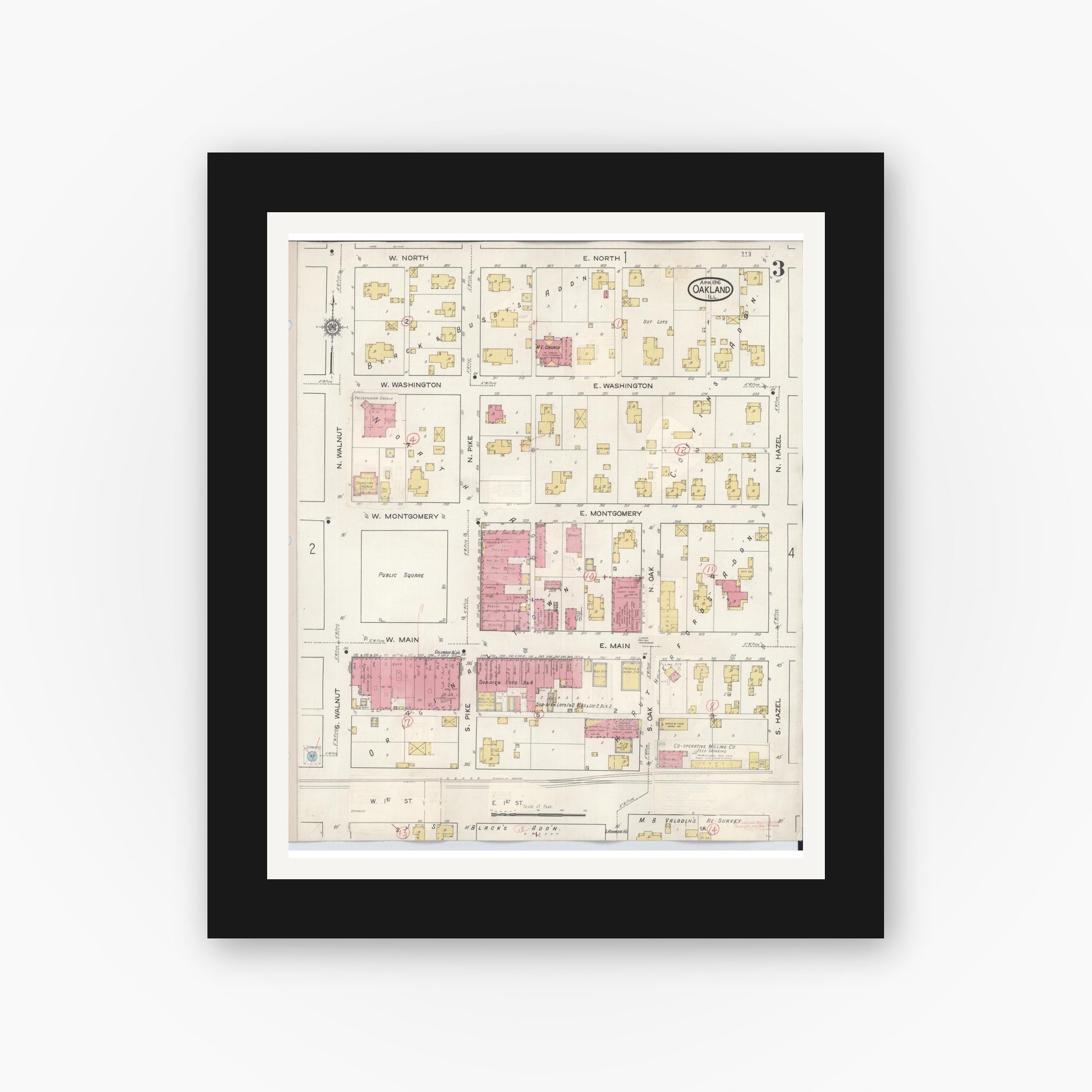 Old map wall art mockup — black gallery frame with white mat — Sanborn Fire Insurance Map from Oakland, Coles County, Illinois (1932), Sheet #0003