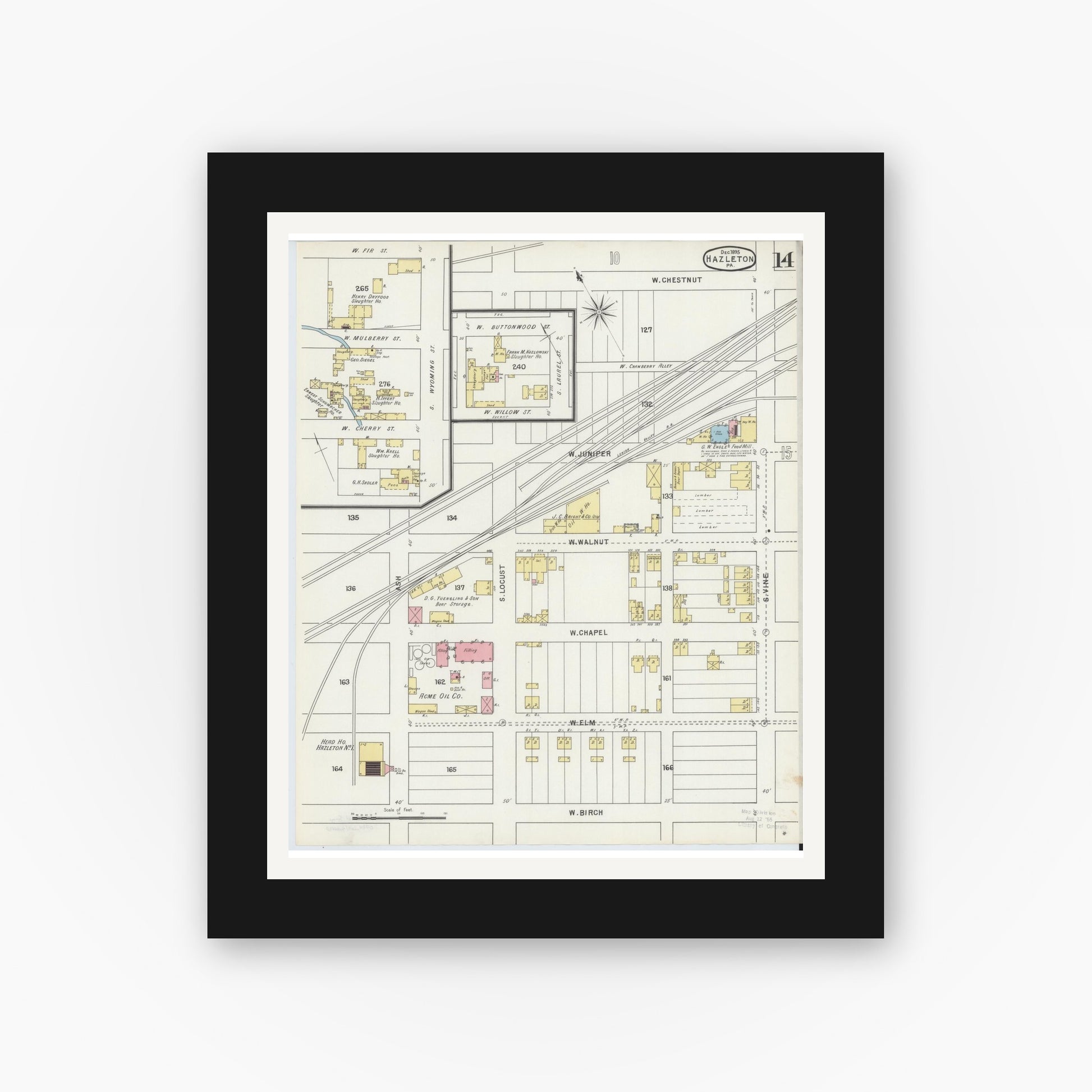 Old map wall art mockup — black gallery frame with white mat — Sanborn Fire Insurance Map from Hazleton, Luzerne County, Pennsylvania (1895), Sheet #0014