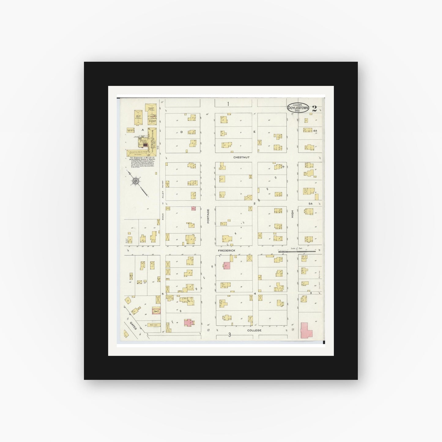 Old map wall art mockup — black gallery frame with white mat — Sanborn Fire Insurance Map from Doylestown, Wayne County, Ohio (1915), Sheet #0002