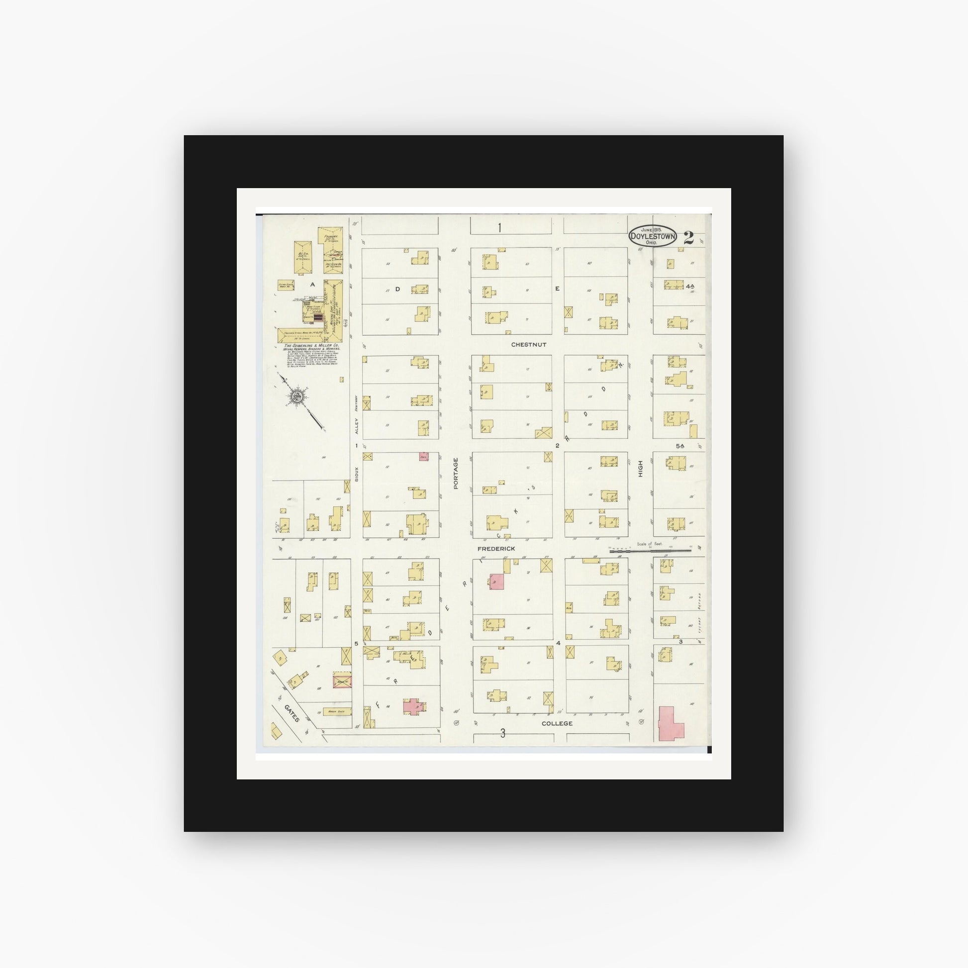 Old map wall art mockup — black gallery frame with white mat — Sanborn Fire Insurance Map from Doylestown, Wayne County, Ohio (1915), Sheet #0002