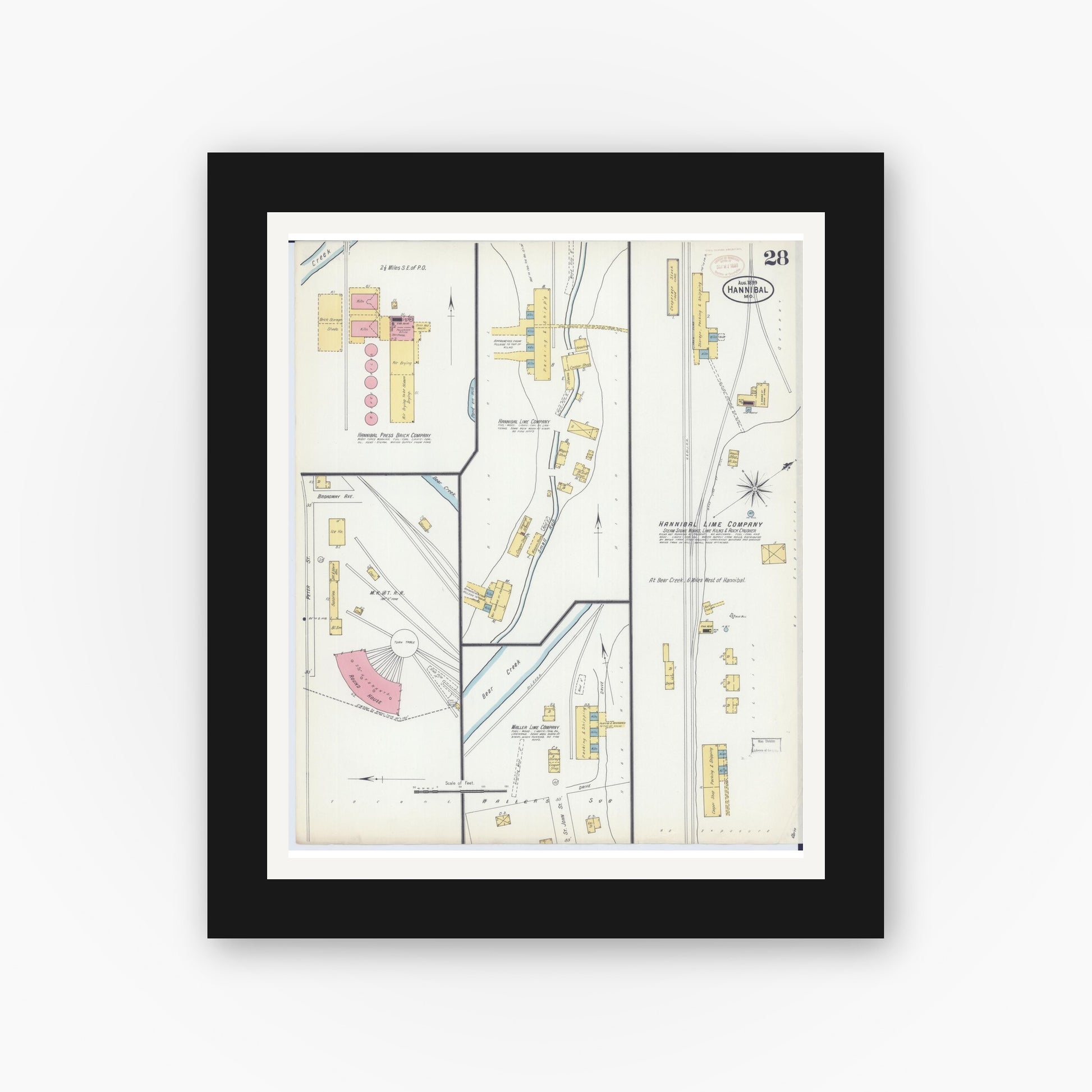Old map wall art mockup — black gallery frame with white mat — Sanborn Fire Insurance Map from Hannibal, Marion County, Missouri (1899), Sheet #0028