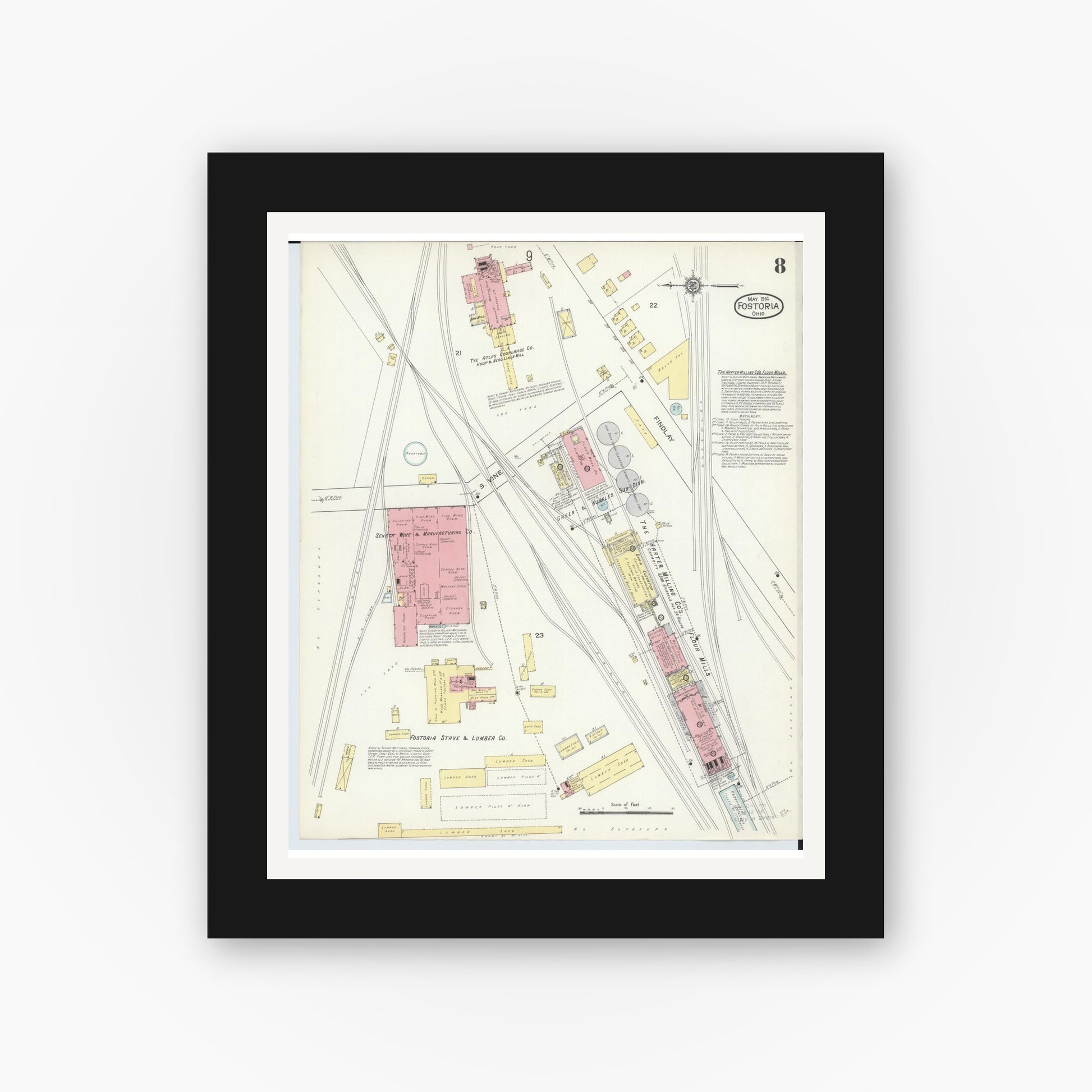 Old map wall art mockup — black gallery frame with white mat — Sanborn Fire Insurance Map from Fostoria, Seneca, Hancock, And Wood Counties, Ohio (1914), Sheet #0008
