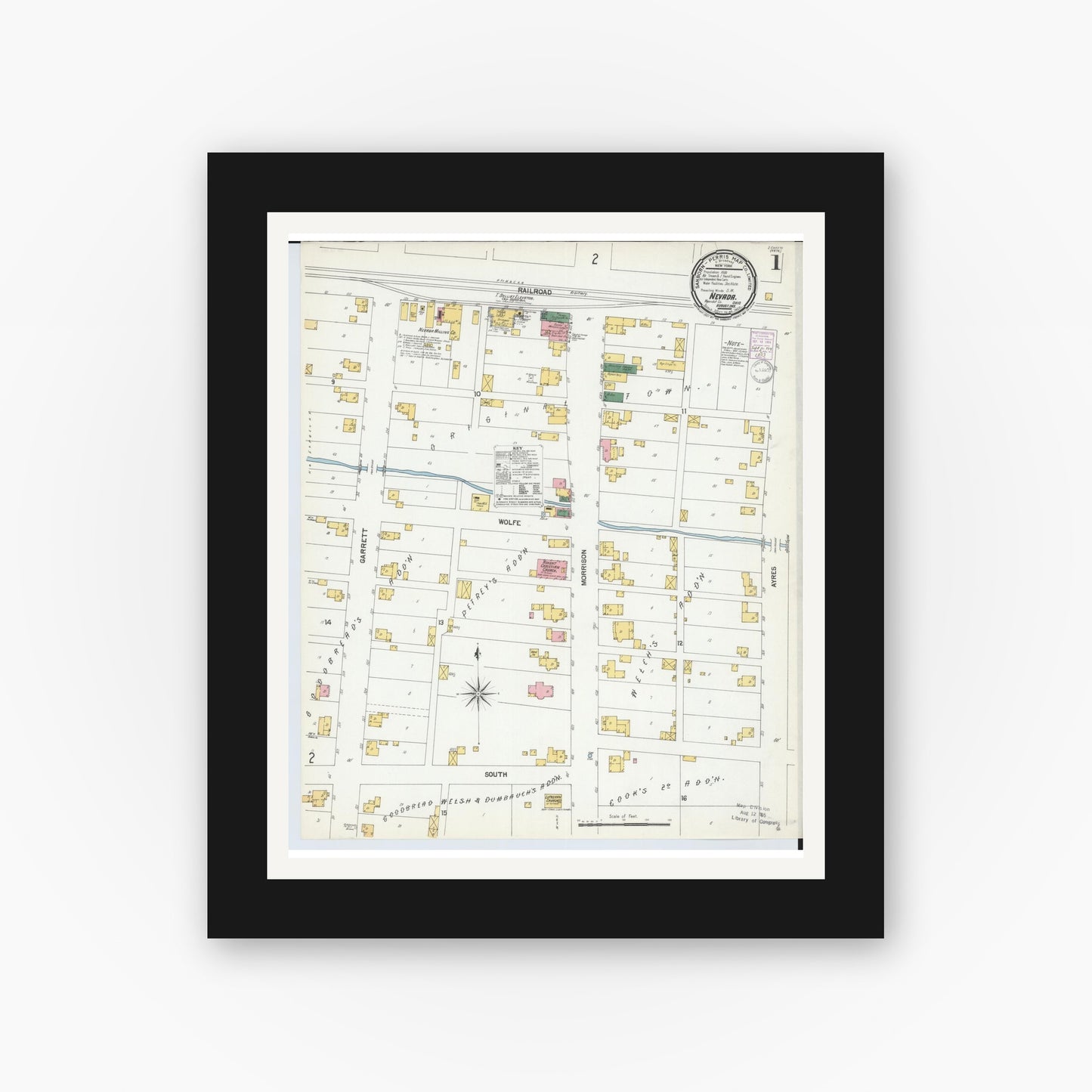 Old map wall art mockup — black gallery frame with white mat — Sanborn Fire Insurance Map from Nevada, Wyandot County, Ohio (1901), Sheet #0001