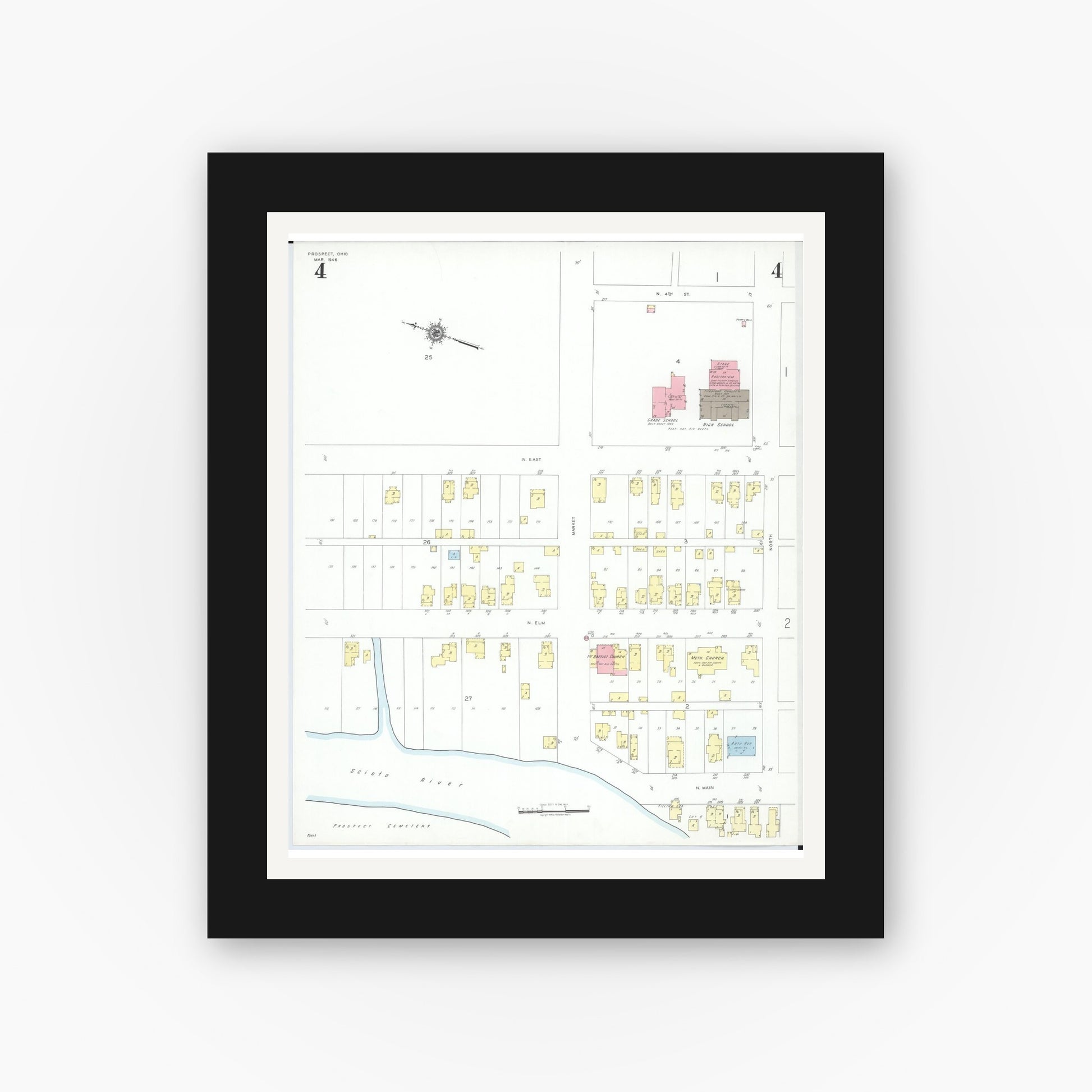 Old map wall art mockup — black gallery frame with white mat — Sanborn Fire Insurance Map from Prospect, Marion County, Ohio (1946), Sheet #0004