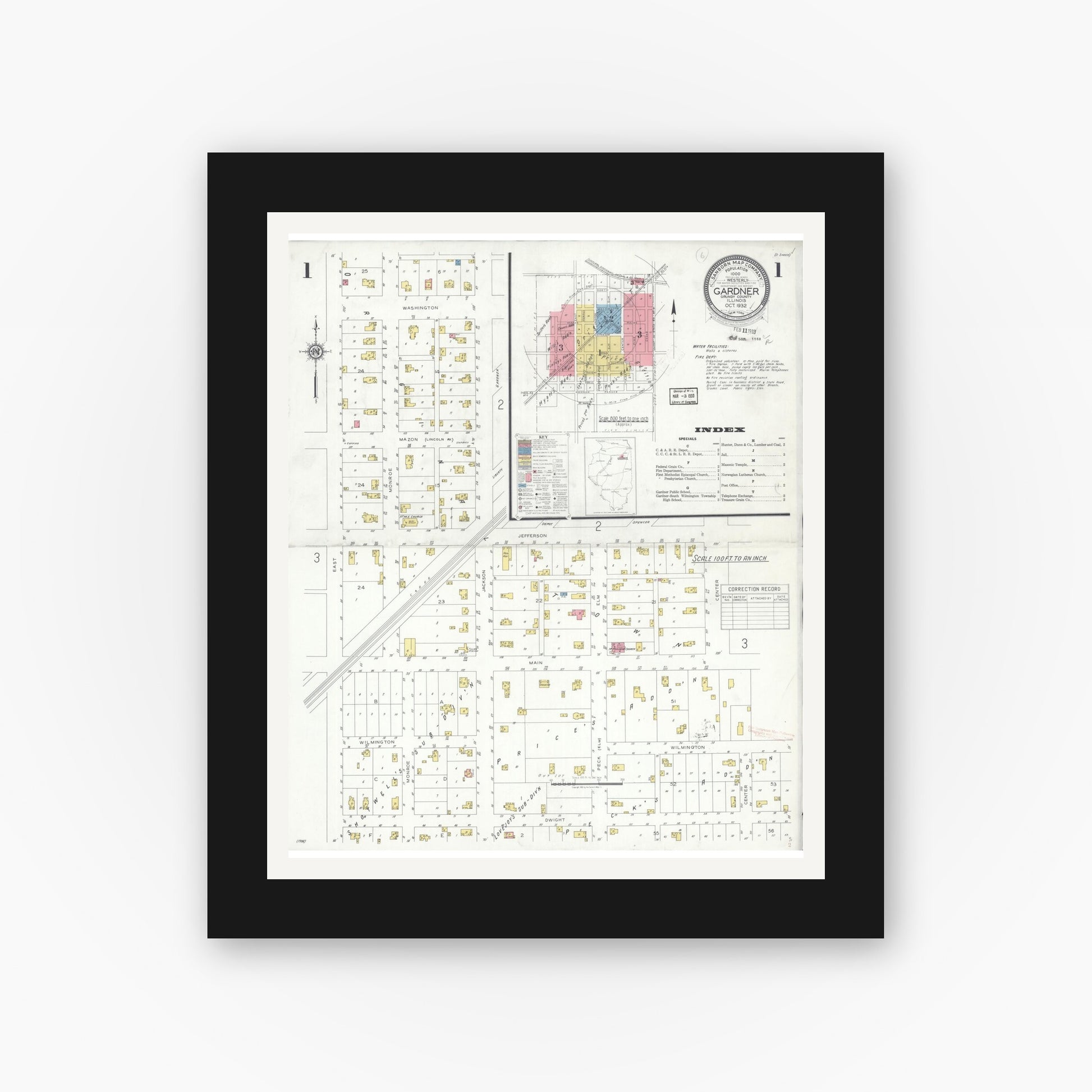 Old map wall art mockup — black gallery frame with white mat — Sanborn Fire Insurance Map from Gardner, Grundy County, Illinois (1932), Sheet #0001