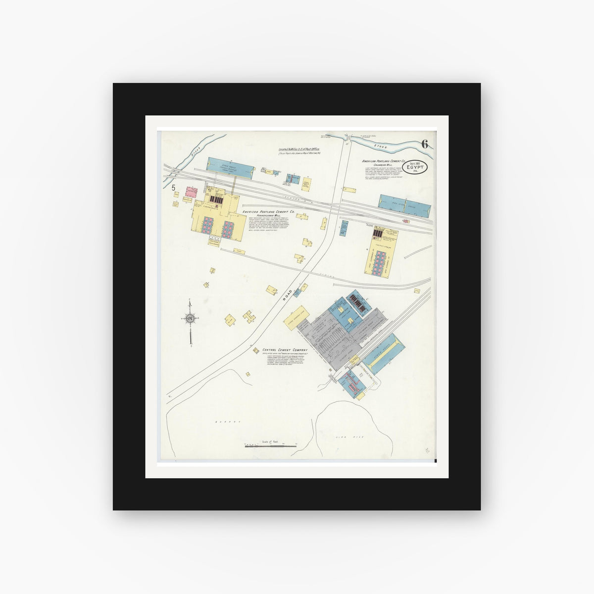 Old map wall art mockup — black gallery frame with white mat — Sanborn Fire Insurance Map from Egypt, Lehigh County, Pennsylvania (1911), Sheet #0006