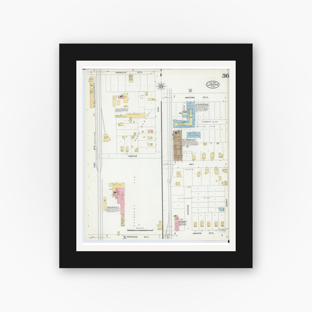 Old map wall art mockup — black gallery frame with white mat — Sanborn Fire Insurance Map from Lansing, Ingham County, Michigan (1906), Sheet #0036
