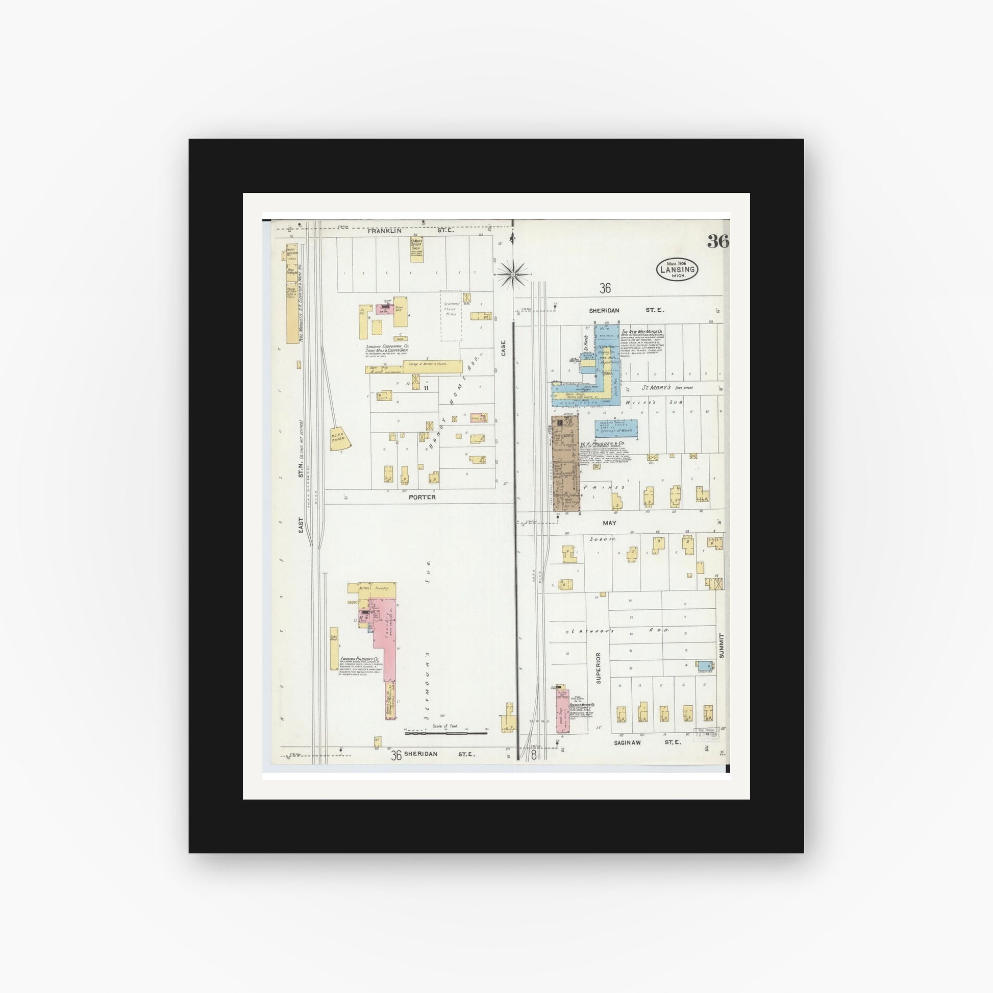 Old map wall art mockup — black gallery frame with white mat — Sanborn Fire Insurance Map from Lansing, Ingham County, Michigan (1906), Sheet #0036