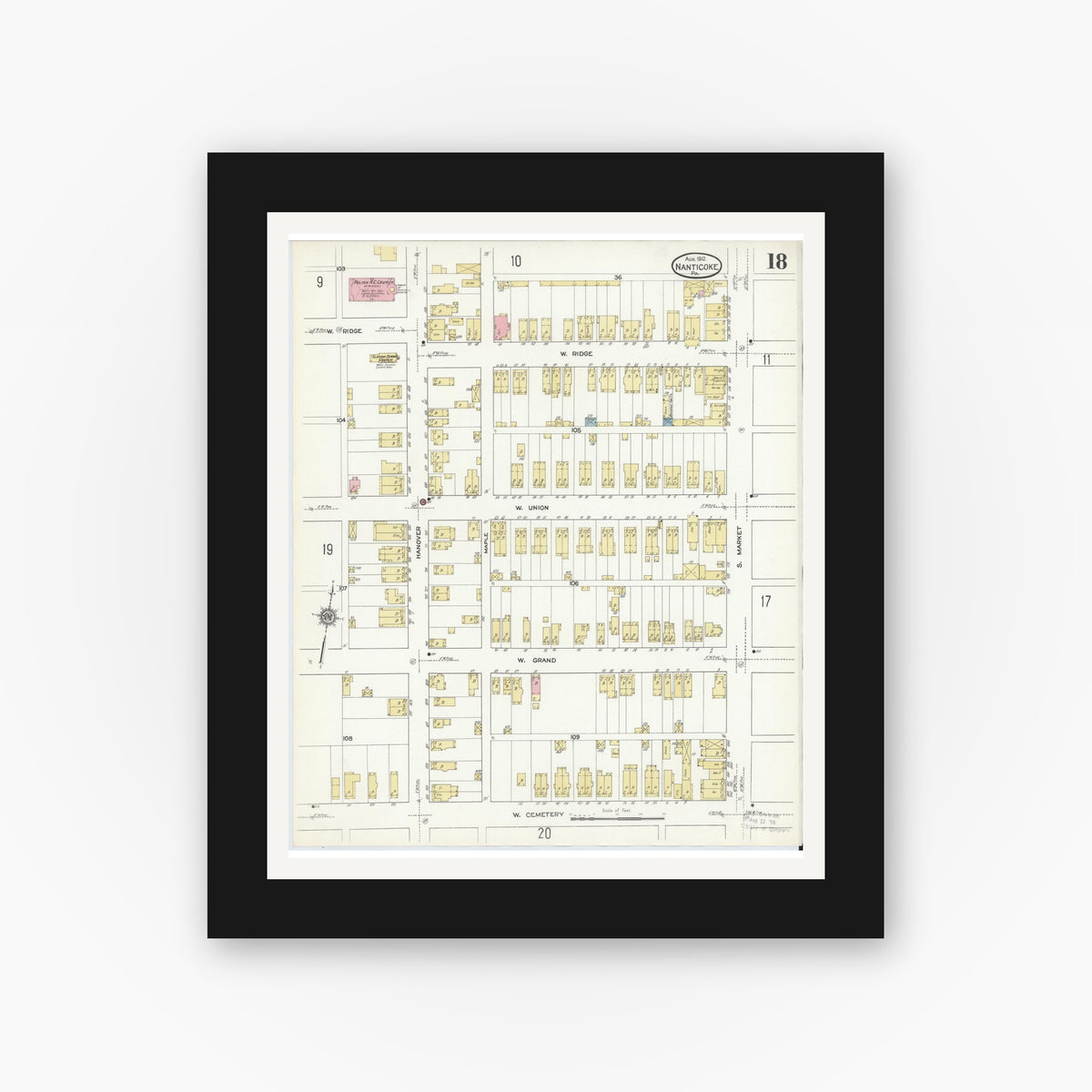 Old map wall art mockup — black gallery frame with white mat — Sanborn Fire Insurance Map from Nanticoke, Luzerne County, Pennsylvania (1912), Sheet #0018