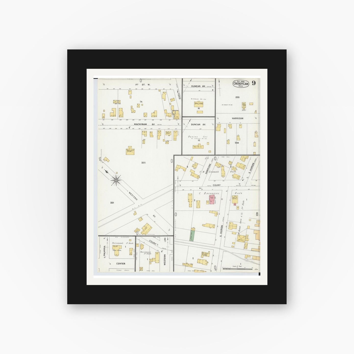 Old map wall art mockup — black gallery frame with white mat — Sanborn Fire Insurance Map from Cheboygan, Cheboygan County, Michigan (1900), Sheet #0009