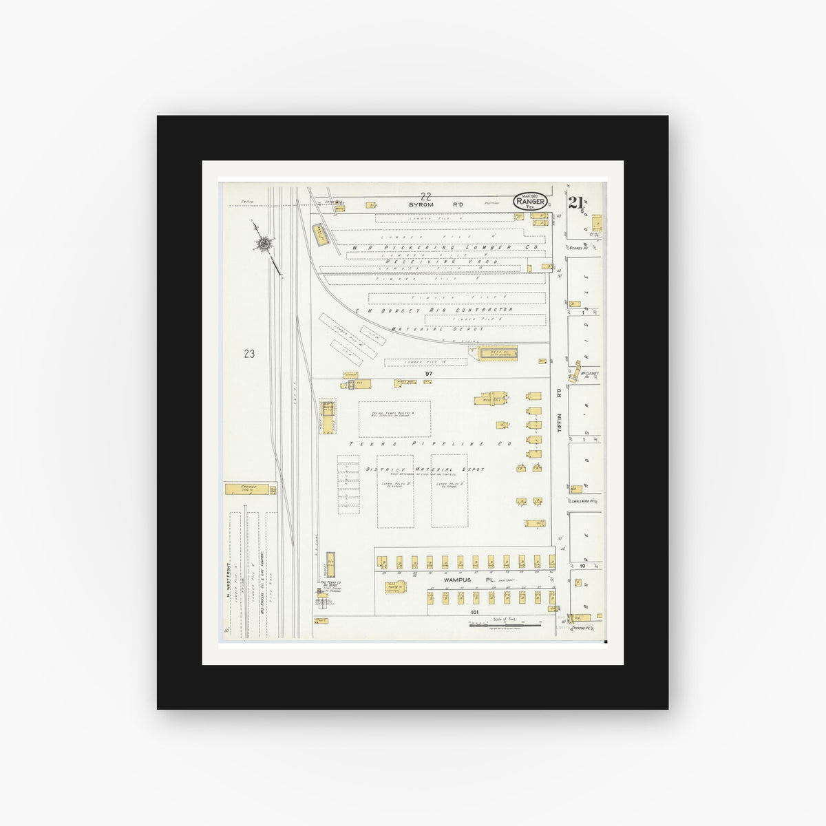 Old map wall art mockup — black gallery frame with white mat — Sanborn Fire Insurance Map from Ranger, Eastland County, Texas (1920), Sheet #0021