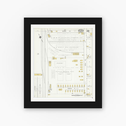 Old map wall art mockup — black gallery frame with white mat — Sanborn Fire Insurance Map from Ranger, Eastland County, Texas (1920), Sheet #0021