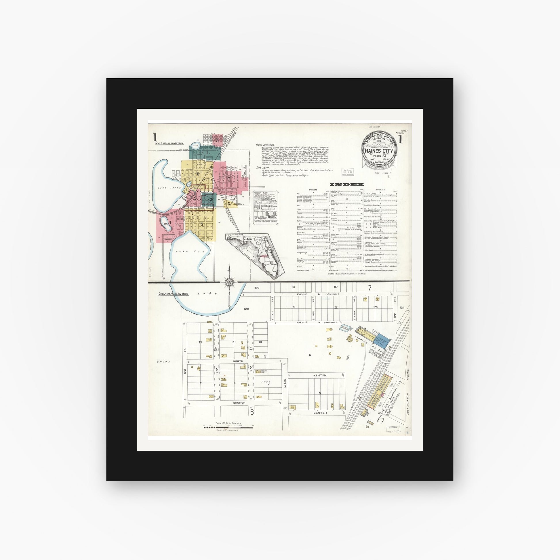Old map wall art mockup — black gallery frame with white mat — Sanborn Fire Insurance Map from Haines City, Polk County, Florida (1923) - Complete Map Set