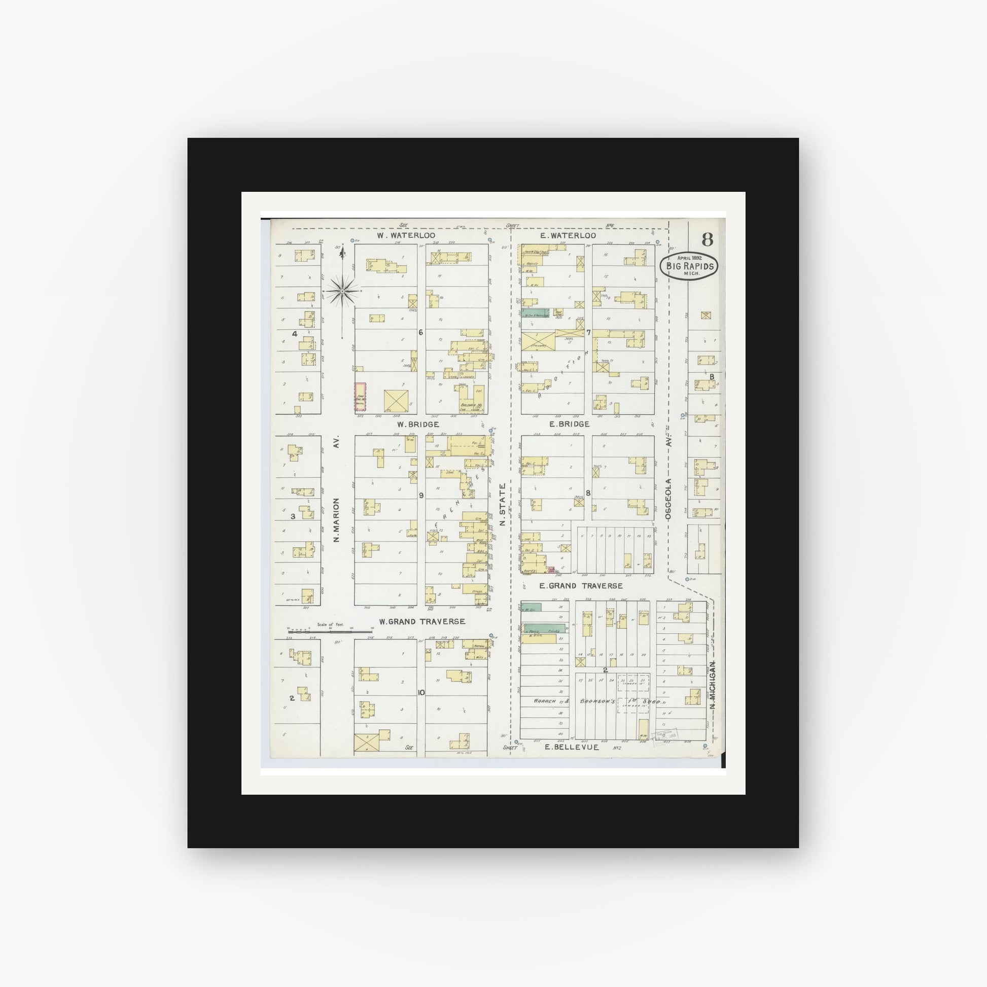 Old map wall art mockup — black gallery frame with white mat — Sanborn Fire Insurance Map from Big Rapids, Mecosta County, Michigan (1892), Sheet #0008
