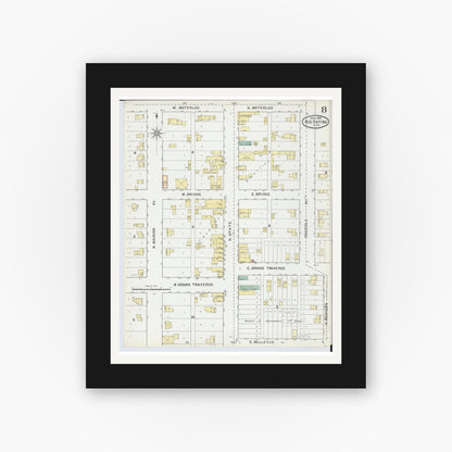 Old map wall art mockup — black gallery frame with white mat — Sanborn Fire Insurance Map from Big Rapids, Mecosta County, Michigan (1892), Sheet #0008
