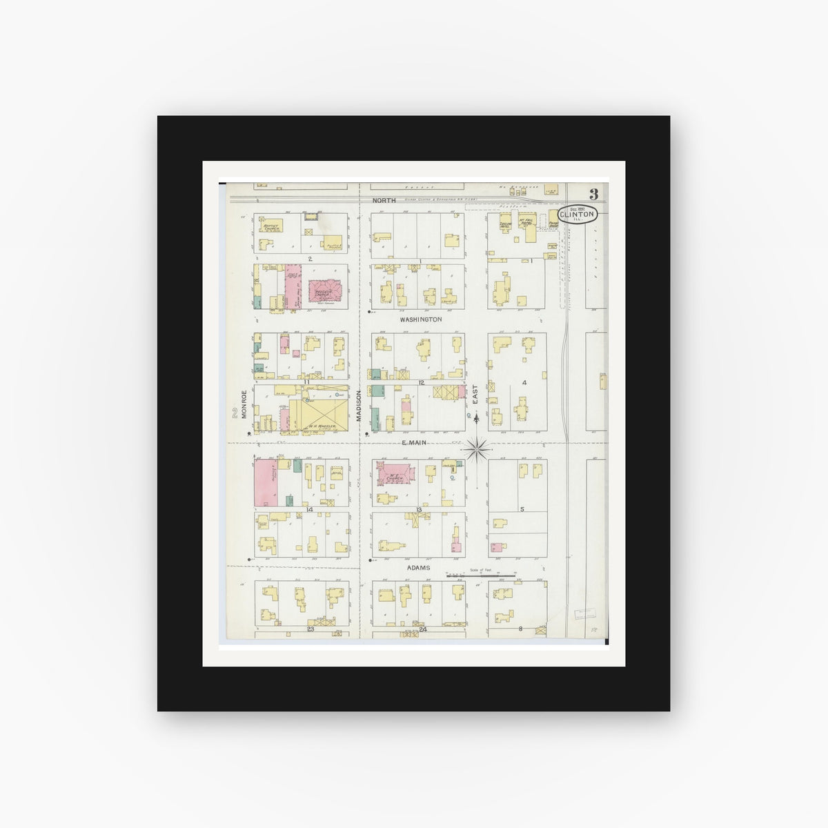 Old map wall art mockup — black gallery frame with white mat — Sanborn Fire Insurance Map from Clinton, De Witt County, Illinois (1892), Sheet #0003