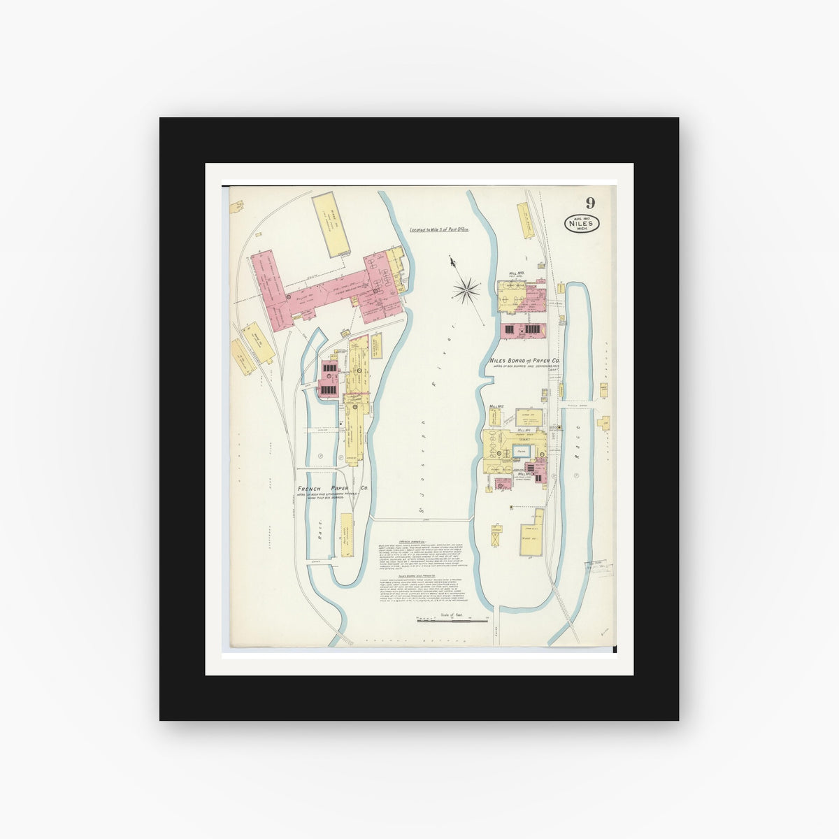 Old map wall art mockup — black gallery frame with white mat — Sanborn Fire Insurance Map from Niles, Berrien County, Michigan (1907), Sheet #0009