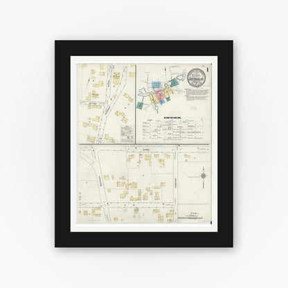 Old map wall art mockup — black gallery frame with white mat — Sanborn Fire Insurance Map from East Douglas, Worcester County, Massachusetts (1911), Sheet #0001