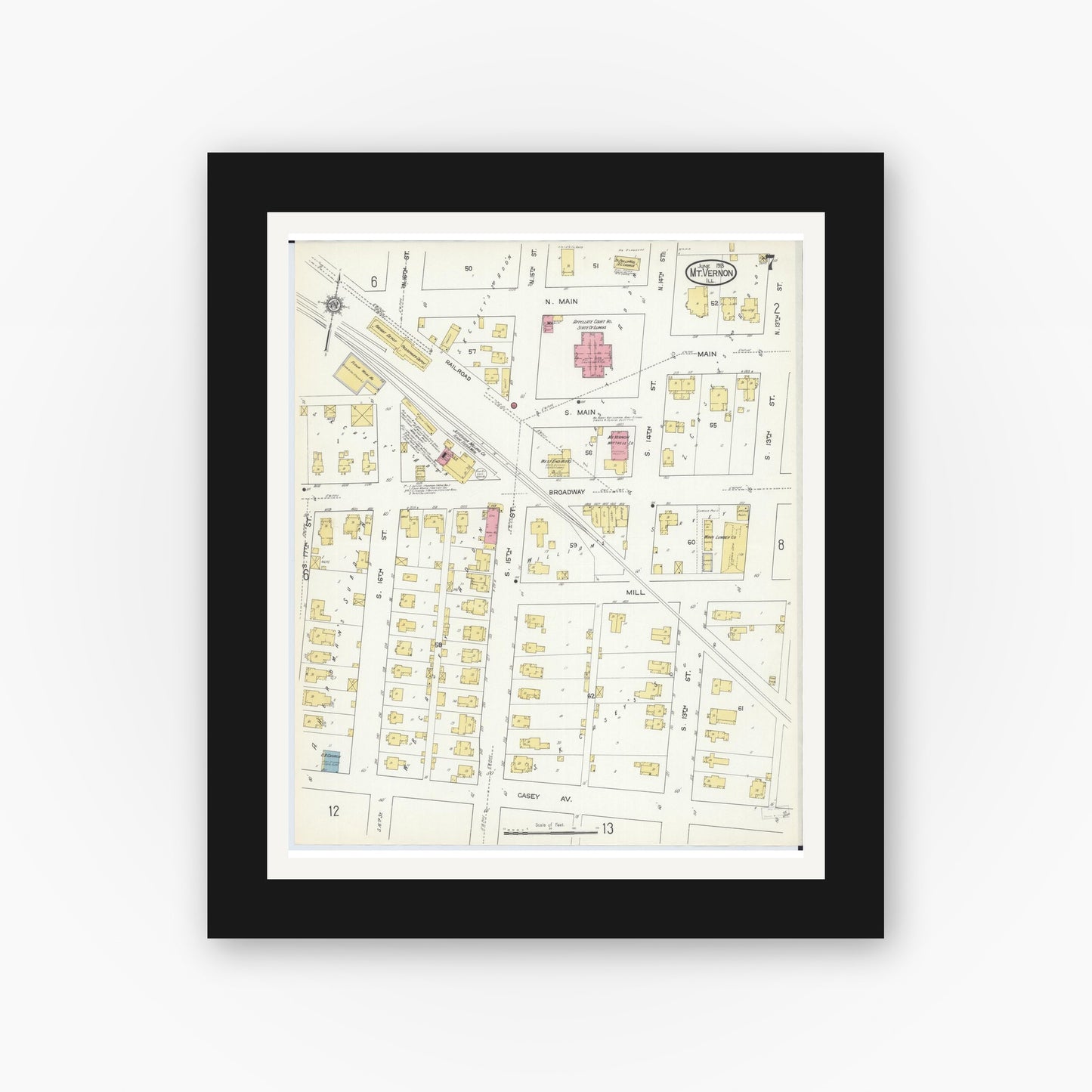 Old map wall art mockup — black gallery frame with white mat — Sanborn Fire Insurance Map from Mount Vernon, Jefferson County, Illinois (1913), Sheet #0007