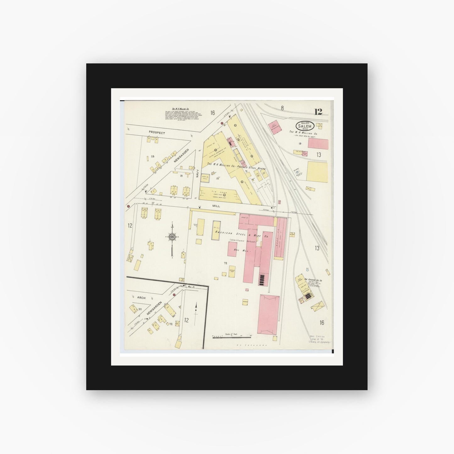 Old map wall art mockup — black gallery frame with white mat — Sanborn Fire Insurance Map from Salem, Columbiana County, Ohio (1915), Sheet #0012