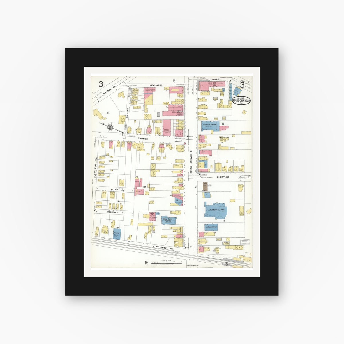 Old map wall art mockup — black gallery frame with white mat — Sanborn Fire Insurance Map from Haddonfield, Camden County, New Jersey (1923), Sheet #0003