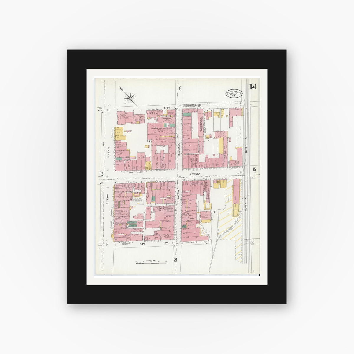 Old map wall art mockup — black gallery frame with white mat — Sanborn Fire Insurance Map from Charlotte, Mecklenburg County, North Carolina (1905), Sheet #0014
