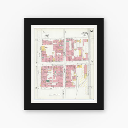 Old map wall art mockup — black gallery frame with white mat — Sanborn Fire Insurance Map from Charlotte, Mecklenburg County, North Carolina (1905), Sheet #0014