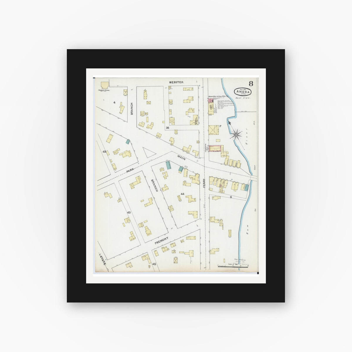 Old map wall art mockup — black gallery frame with white mat — Sanborn Fire Insurance Map from Anoka, Anoka County, Minnesota (1891), Sheet #0008