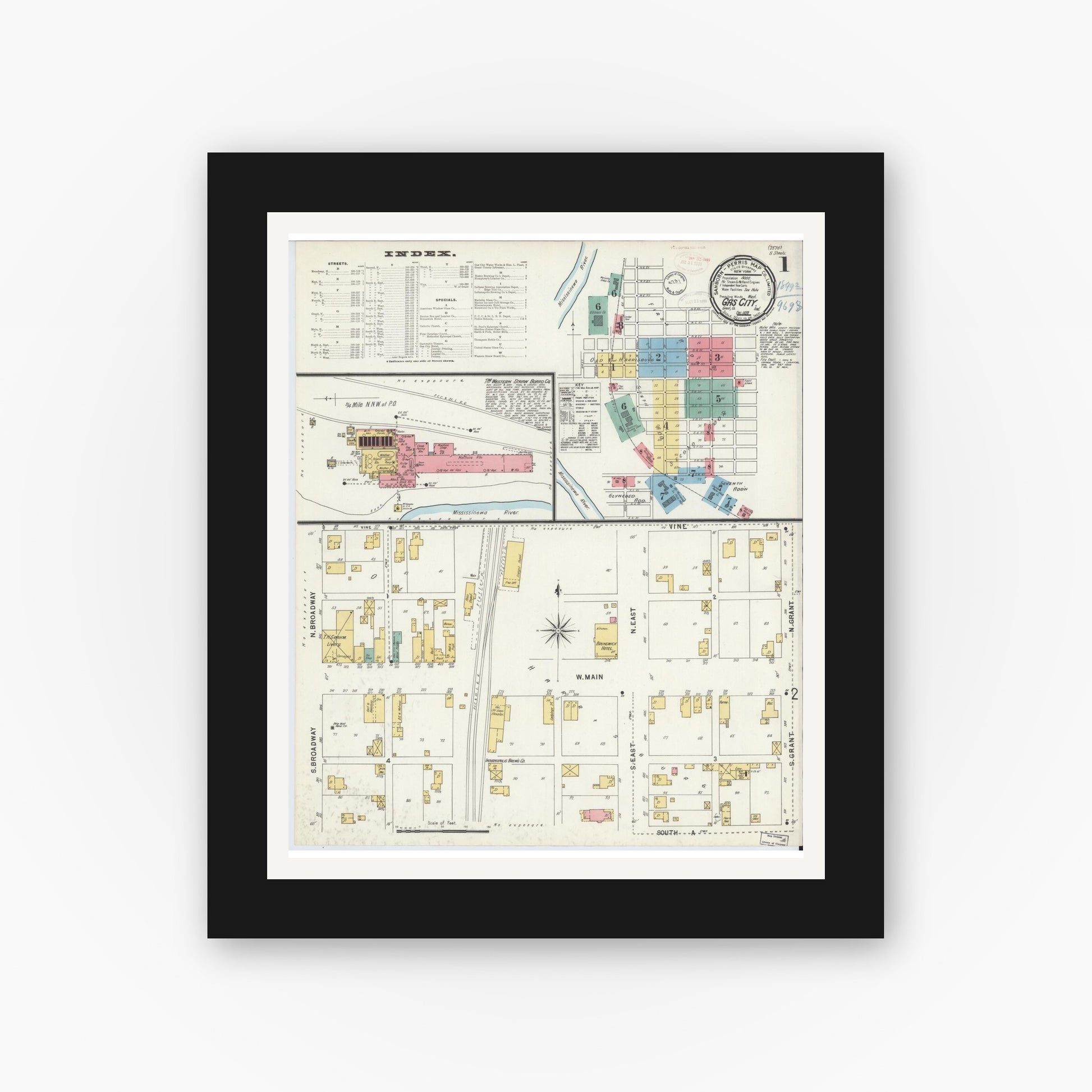 Old map wall art mockup — black gallery frame with white mat — Sanborn Fire Insurance Map from Gas City, Grant County, Indiana (1898) - Complete Map Set