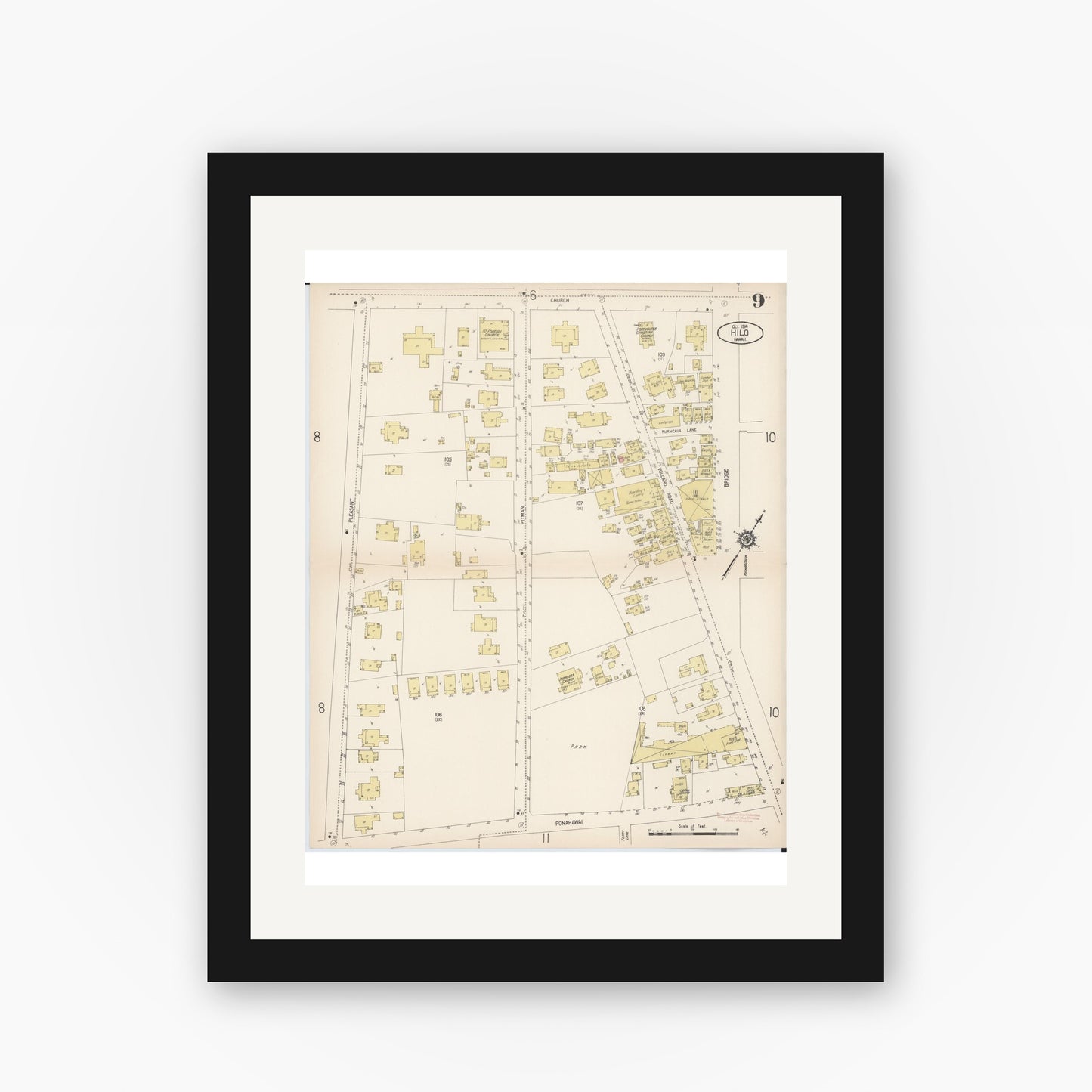 Old map wall art mockup — black gallery frame with white mat — Sanborn Fire Insurance Map from Hilo, Hawaii County, Hawaii (1914), Sheet #0009