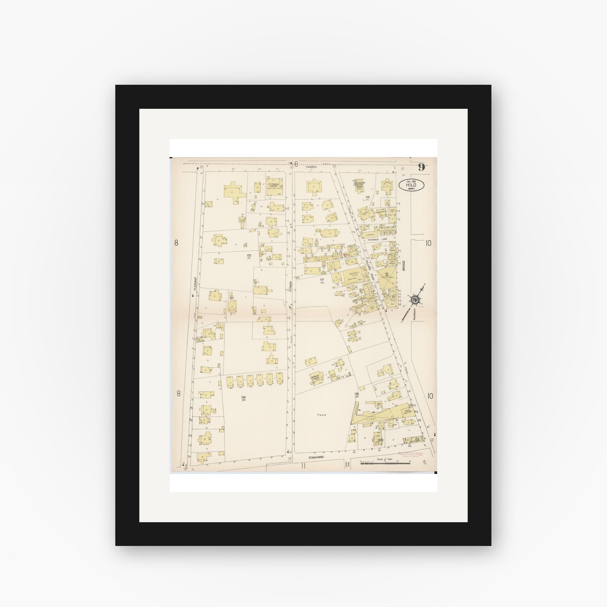 Old map wall art mockup — black gallery frame with white mat — Sanborn Fire Insurance Map from Hilo, Hawaii County, Hawaii (1914), Sheet #0009