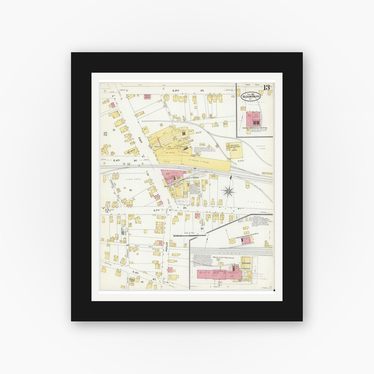 Old map wall art mockup — black gallery frame with white mat — Sanborn Fire Insurance Map from Bloomsburg, Columbia County, Pennsylvania (1907), Sheet #0013