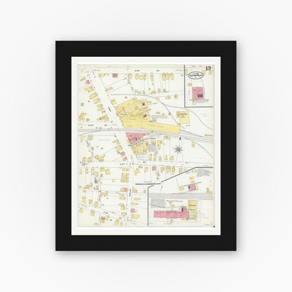 Old map wall art mockup — black gallery frame with white mat — Sanborn Fire Insurance Map from Bloomsburg, Columbia County, Pennsylvania (1907), Sheet #0013