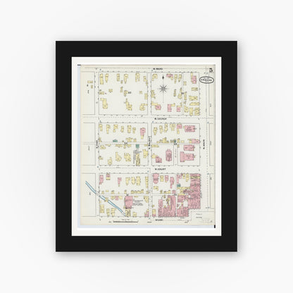 Old map wall art mockup — black gallery frame with white mat — Sanborn Fire Insurance Map from Urbana, Champaign County, Ohio (1890), Sheet #0005