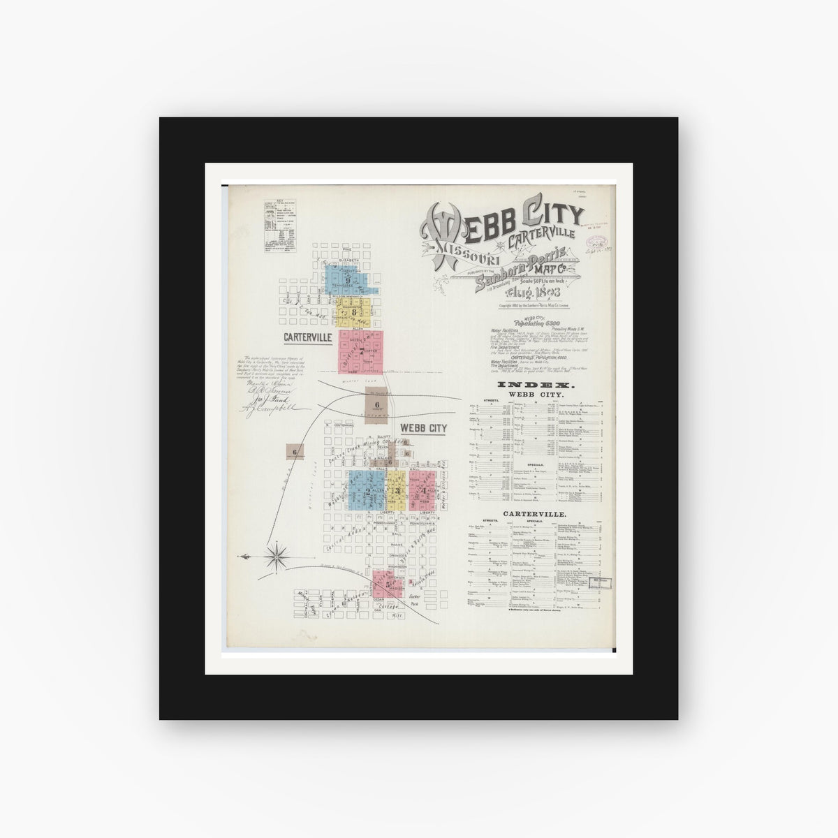 Old map wall art mockup — black gallery frame with white mat — Sanborn Fire Insurance Map from Webb City, Jasper County, Missouri (1893) - Complete Map Set