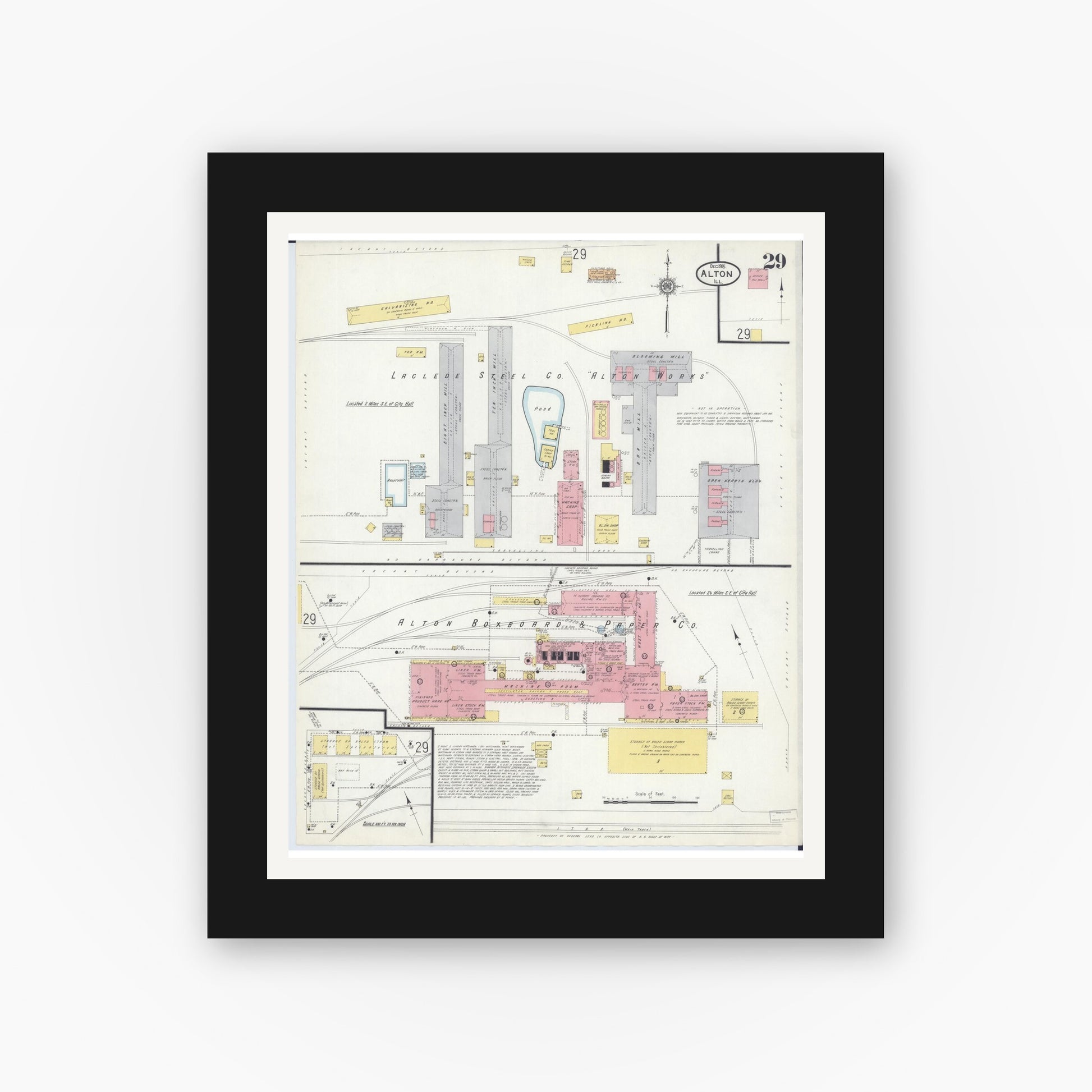 Old map wall art mockup — black gallery frame with white mat — Sanborn Fire Insurance Map from Alton, Madison County, Illinois (1915), Sheet #0029
