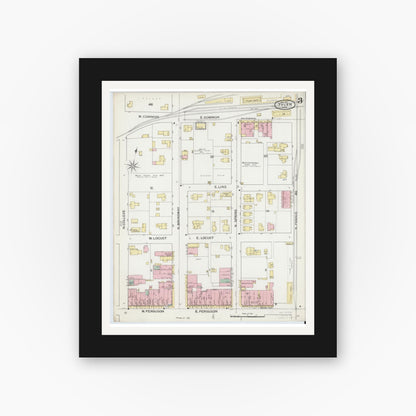 Old map wall art mockup — black gallery frame with white mat — Sanborn Fire Insurance Map from Tyler, Smith County, Texas (1893), Sheet #0003