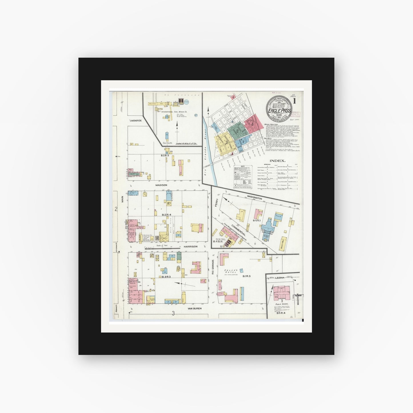 Old map wall art mockup — black gallery frame with white mat — Sanborn Fire Insurance Map from Eagle Pass, Maverick County, Texas (1910), Sheet #0001
