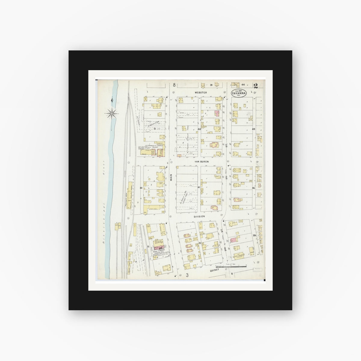 Old map wall art mockup — black gallery frame with white mat — Sanborn Fire Insurance Map from Savanna, Carroll County, Illinois (1897), Sheet #0002