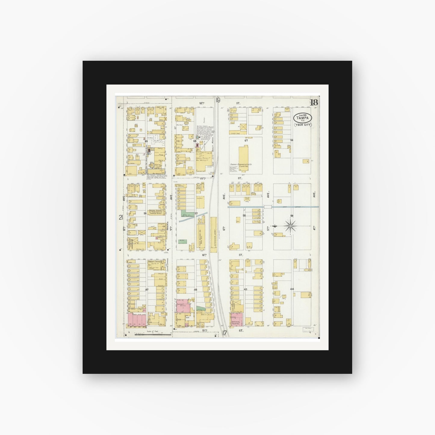 Old map wall art mockup — black gallery frame with white mat — Sanborn Fire Insurance Map from Tampa, Hillsborough County, Florida (1899), Sheet #0018